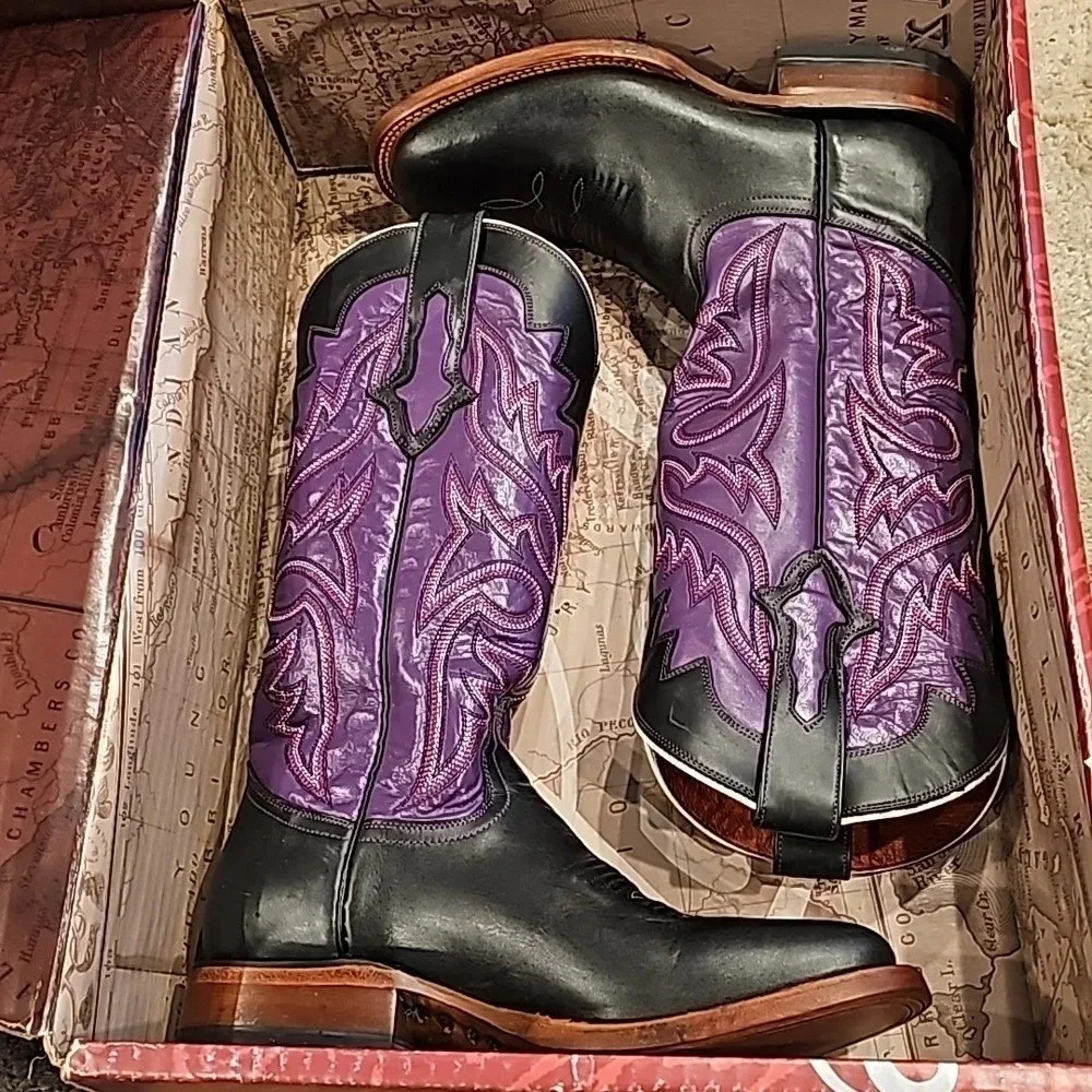 Lucchese Black and Purple Leather Heeled Cowboy Boots